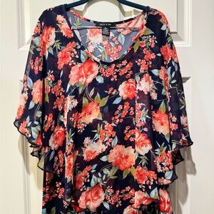 Adele & May Floral Chiffon Women’s Blouse top - Navy and Bright orange- Size M